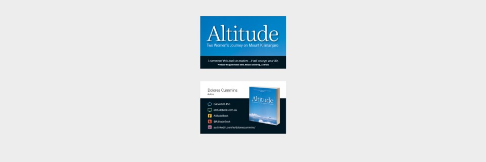 Business card design for Altitude Two Women's Journey on Mount Kilimanjaro by Barbara Baikie and Dolores Cummins designed by Brisbane graphic designer Megan Taylor